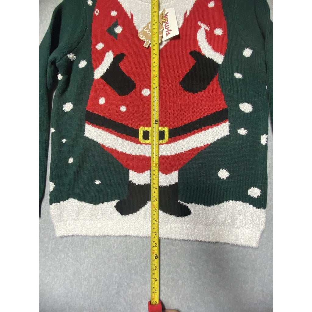 NEW Merry Christmas By Poof Sweater Womens Small Green Santa Claus Ugly sweater