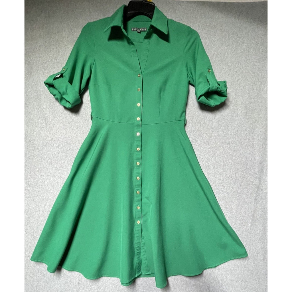 SHARAGANO 4 Emerald Green Dress Roll-Tab Sleeves Belted Gold Buttons NO BELT