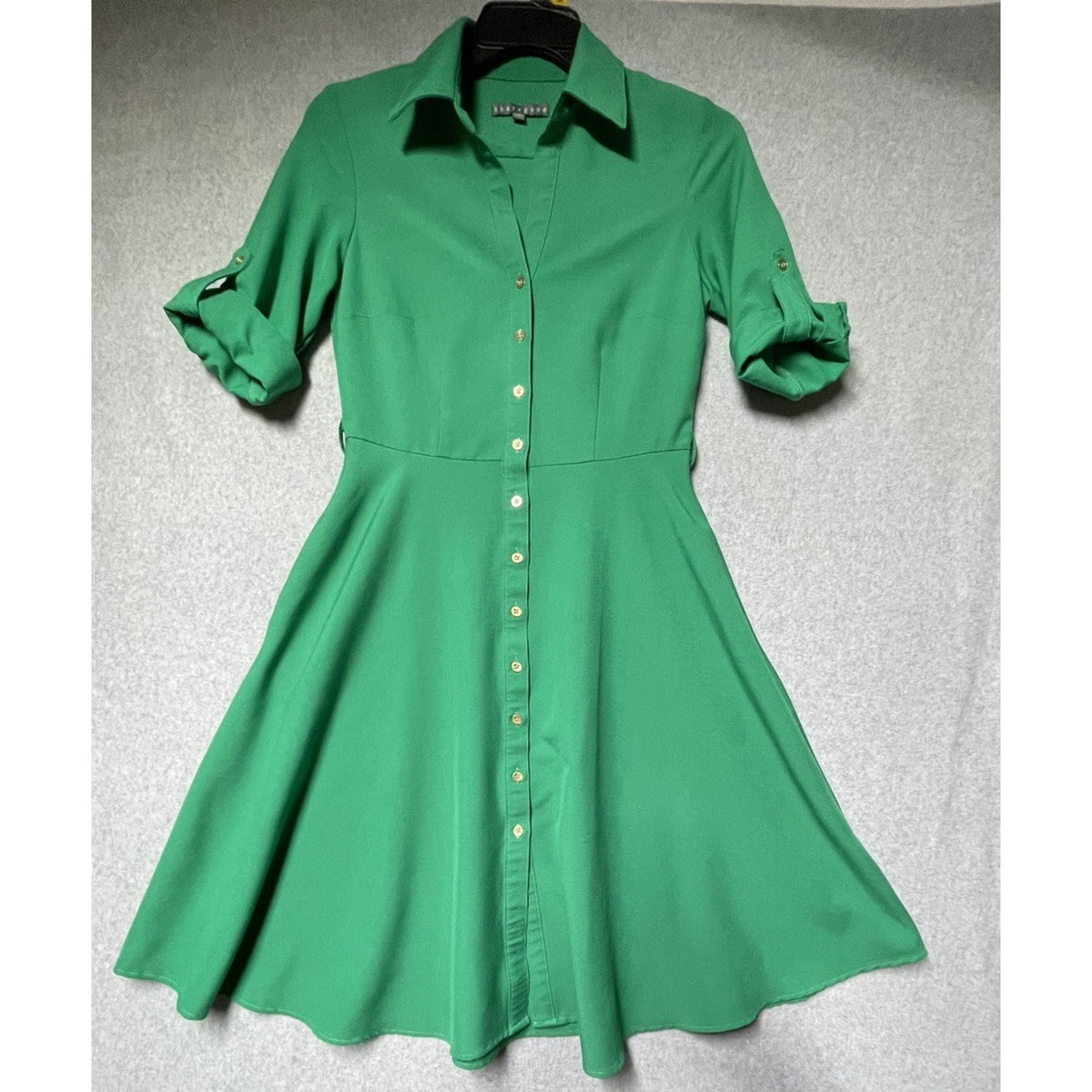 SHARAGANO 4 Emerald Green Dress Roll-Tab Sleeves Belted Gold Buttons NO BELT