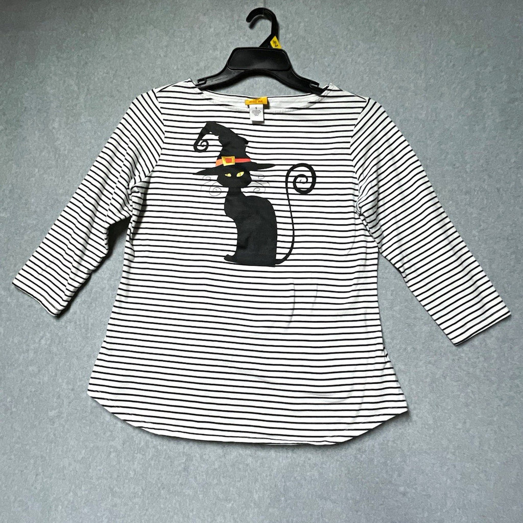 Women’s Sz S Black White Striped Halloween Black Cat 3/4 Tee Ruby Rd