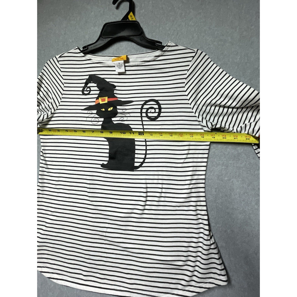 Women’s Sz S Black White Striped Halloween Black Cat 3/4 Tee Ruby Rd