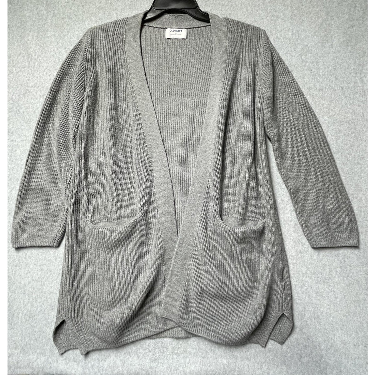 Old Navy Cardigan Sweater Womens M Grey Open Front Pockets Ribbed Long Sleeve