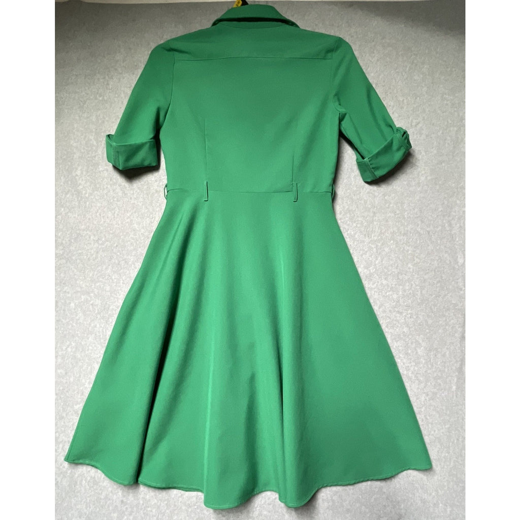SHARAGANO 4 Emerald Green Dress Roll-Tab Sleeves Belted Gold Buttons NO BELT