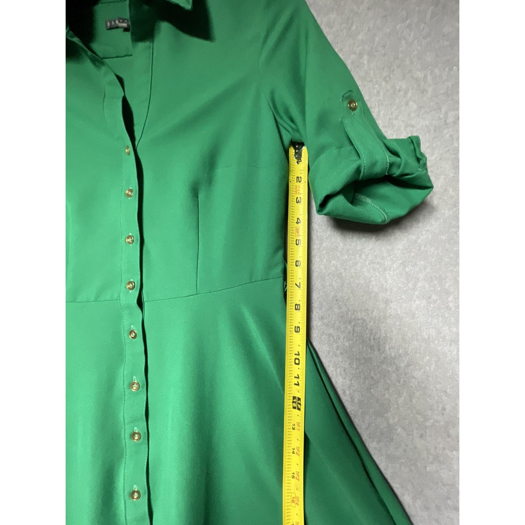 SHARAGANO 4 Emerald Green Dress Roll-Tab Sleeves Belted Gold Buttons NO BELT