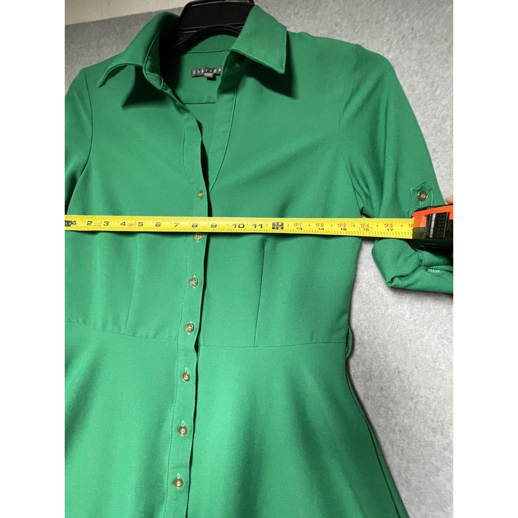 SHARAGANO 4 Emerald Green Dress Roll-Tab Sleeves Belted Gold Buttons NO BELT