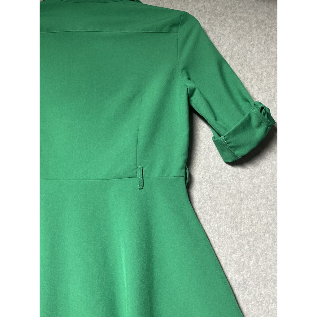 SHARAGANO 4 Emerald Green Dress Roll-Tab Sleeves Belted Gold Buttons NO BELT